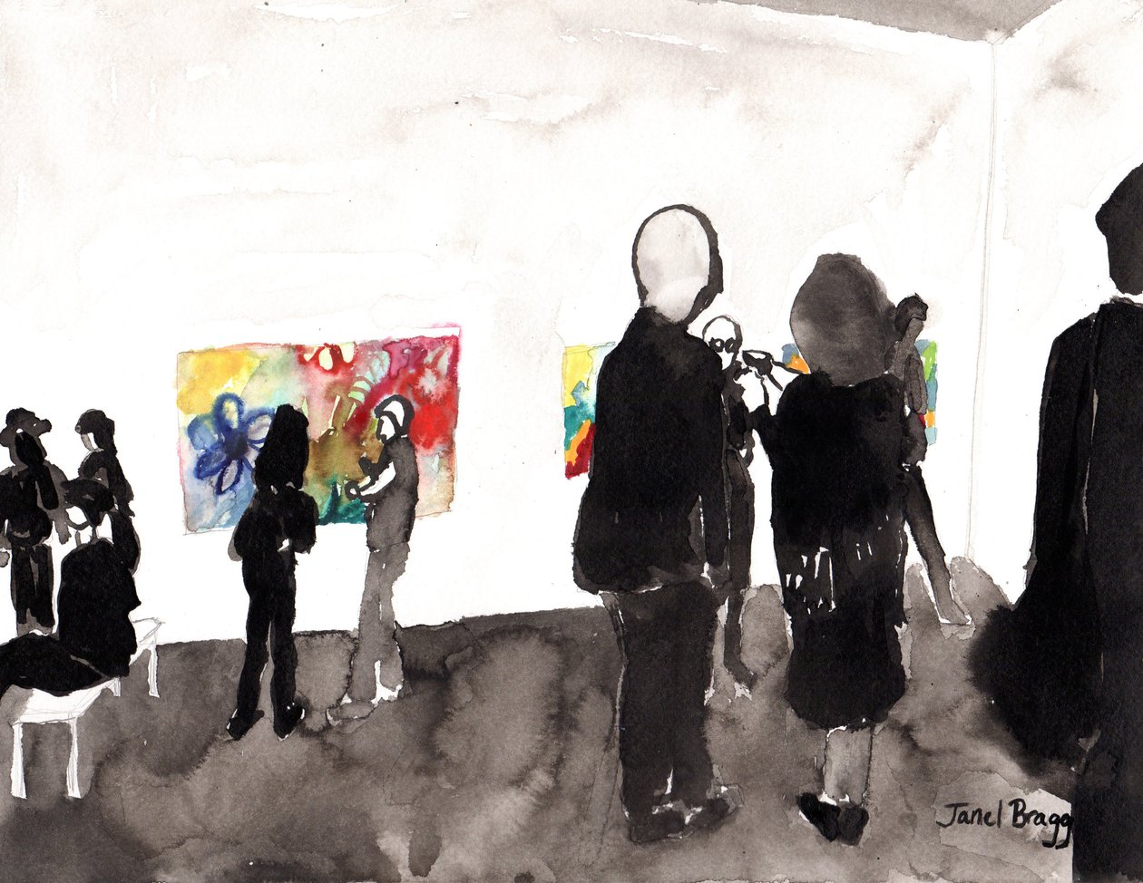Otwarcie mojej galerii, ok. 2015 (tusz i akwarela na papierze) autorstwa Janel Bragg