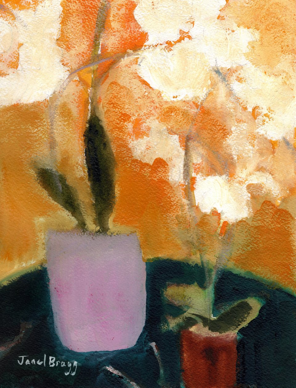 Orchidee na zielonym stole, ok. 2021 (akwarela na papierze) autorstwa Janel Bragg