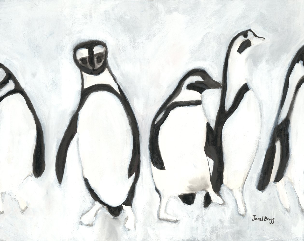 Pingwiny w Woodland Park Zoo, ok. 2021 (tusz sumi i gesso na papierze) autorstwa Janel Bragg