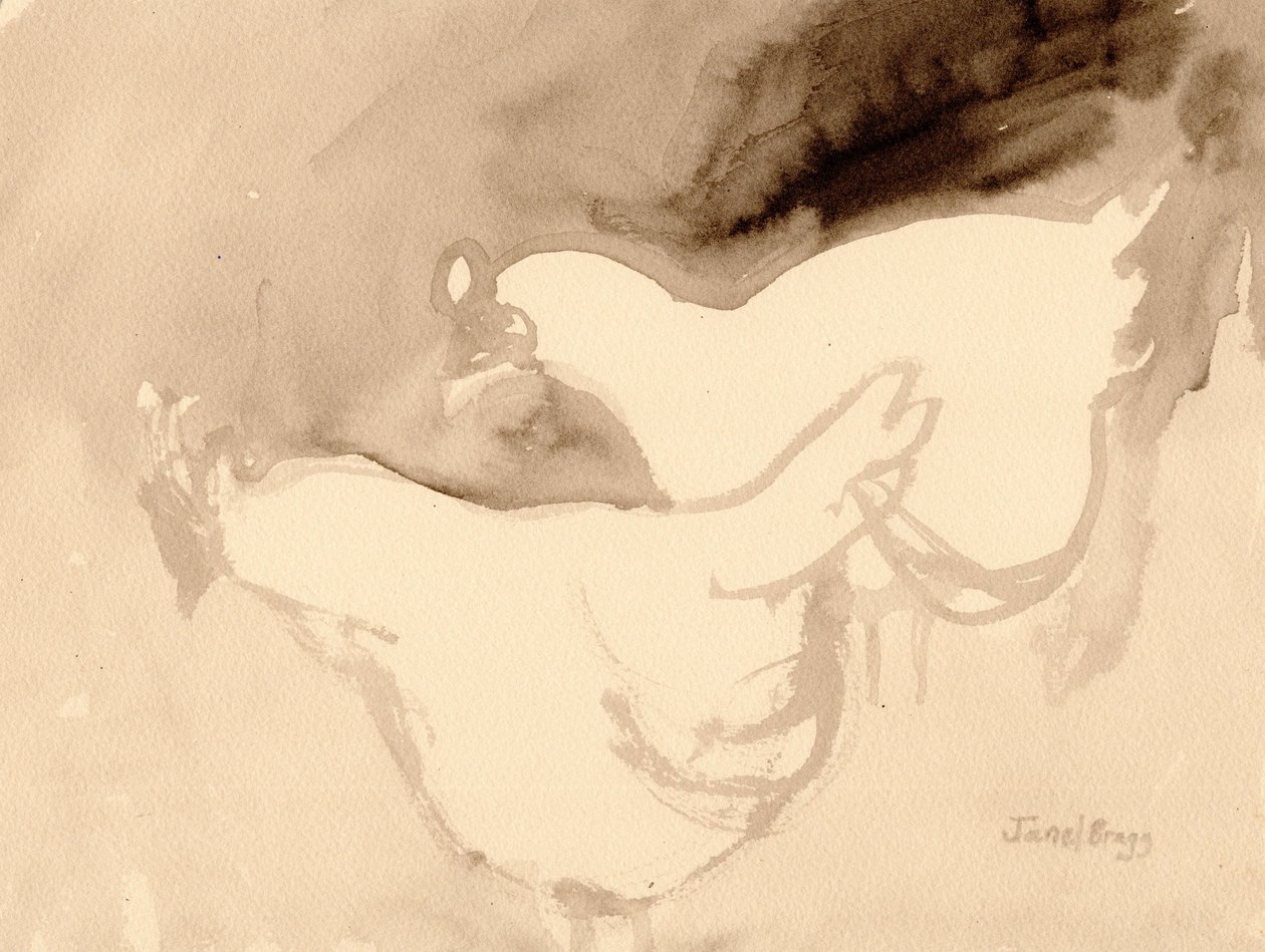 Schuh Farm Chickens, ok. 2019 (tusz na papierze) autorstwa Janel Bragg