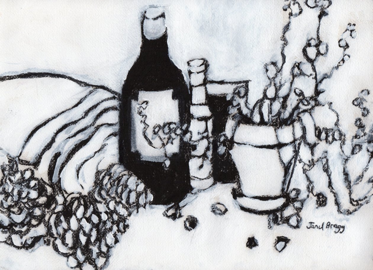 Martwa natura z oliwą z oliwek i szyszkami sosnowymi, ok. 2017 (węgiel i gesso na papierze) autorstwa Janel Bragg
