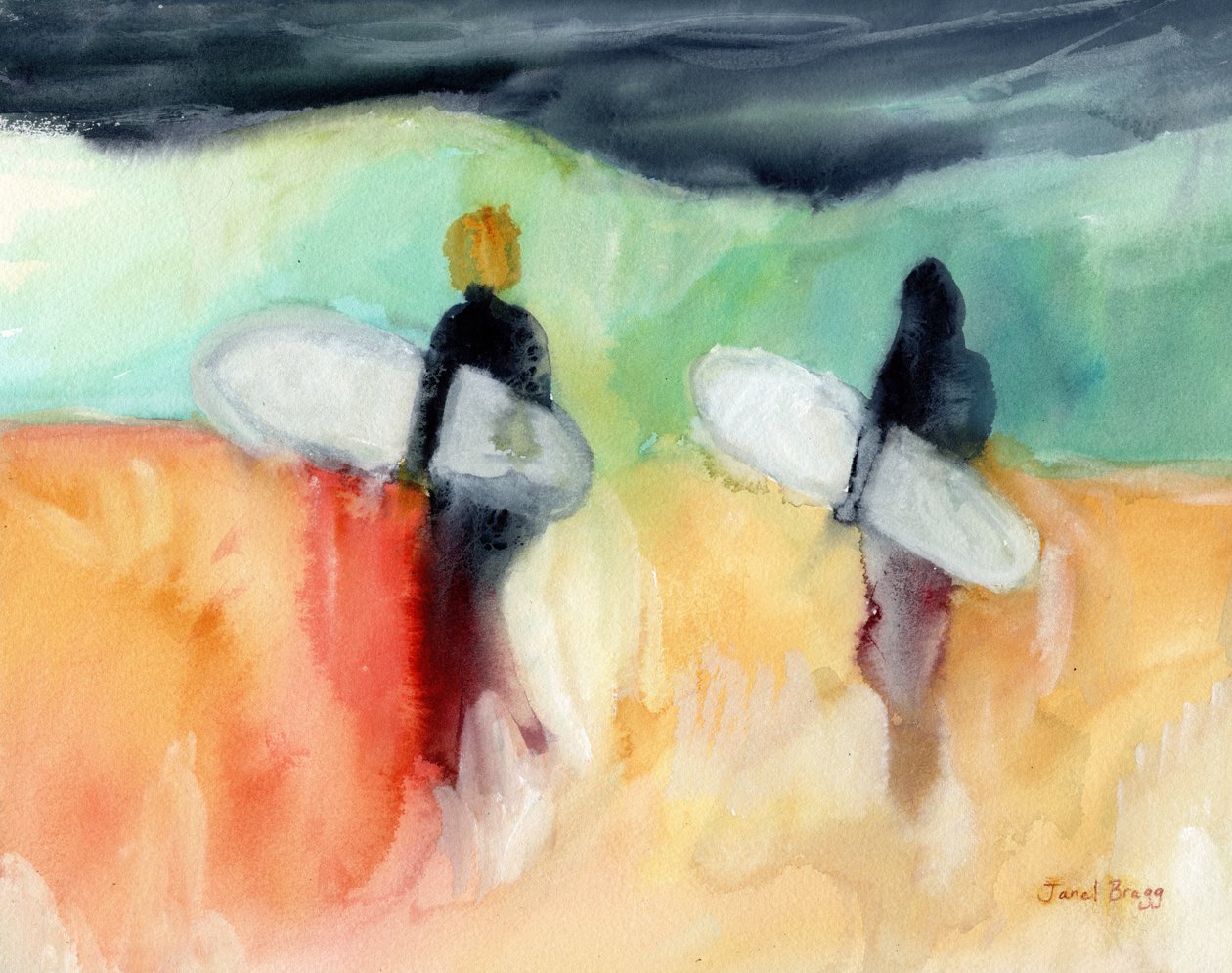 Surferzy w zatoce Hanalei, ok. 2019 (akwarela i kazeina na papierze) autorstwa Janel Bragg