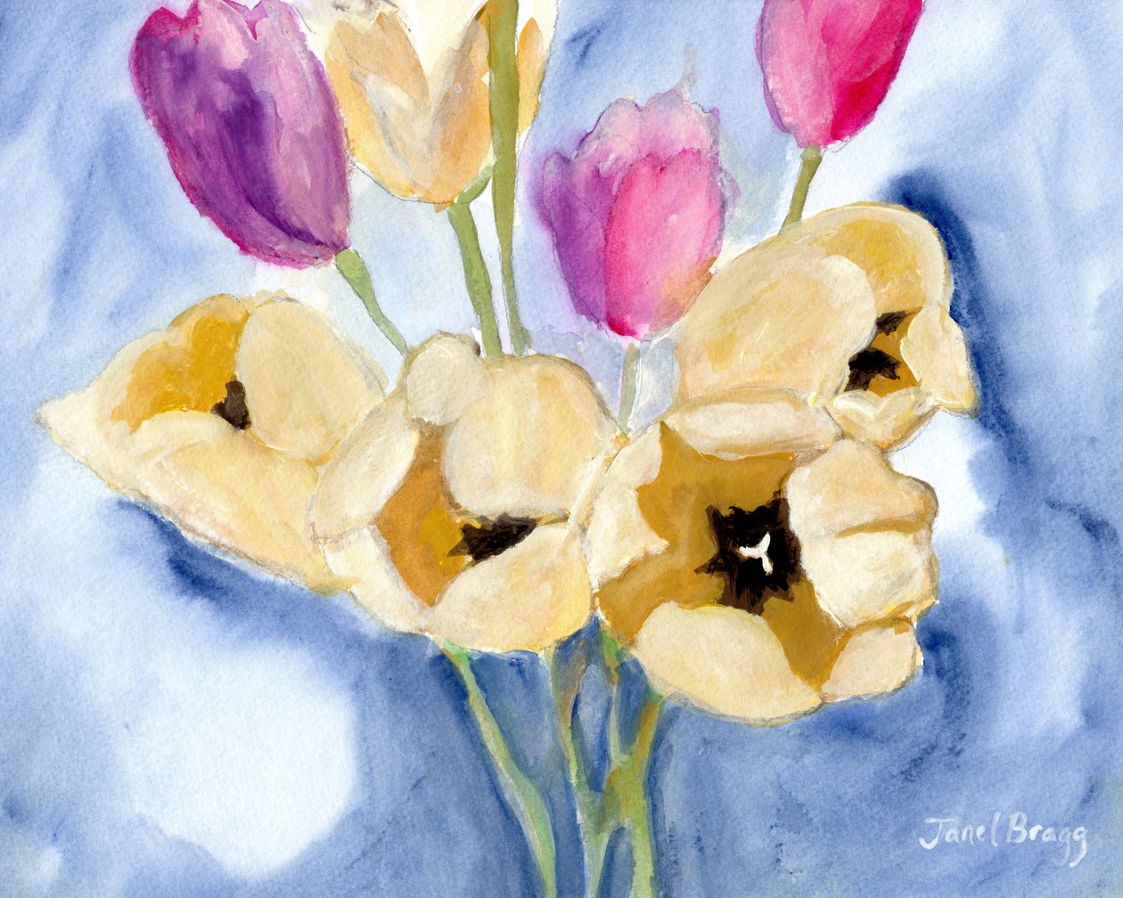 Tulipany na stole mamy, ok. 2016 (kazeina i akwarela na papierze) autorstwa Janel Bragg
