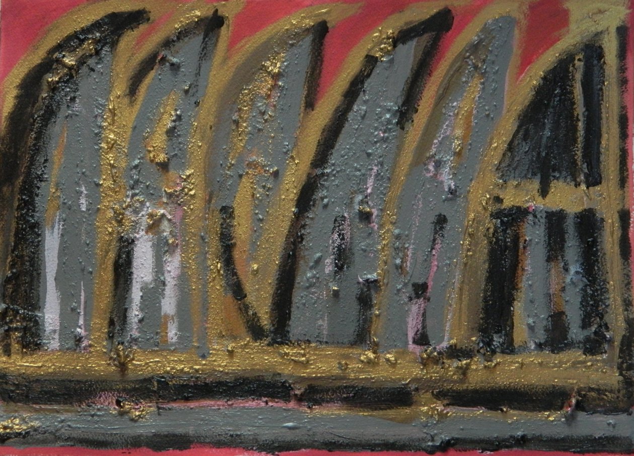 Płonący Dom, 2013 (gwasz, popiół drzewny i złoty płatek na papierze) autorstwa Janet McKenzie