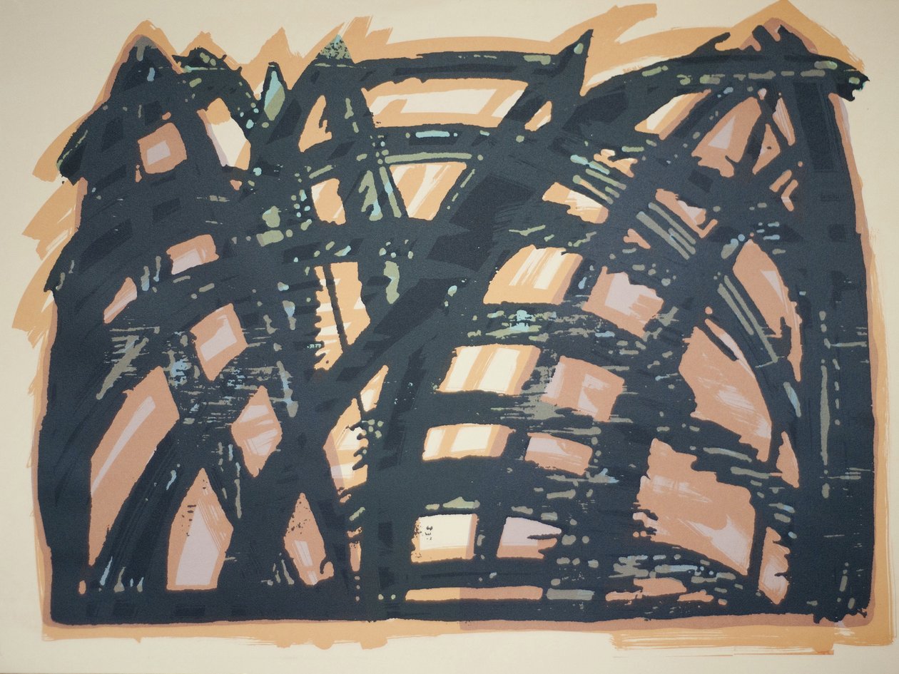Head On (iii), 2014 (drzeworyt i sitodruk piłą łańcuchową) autorstwa Janet McKenzie
