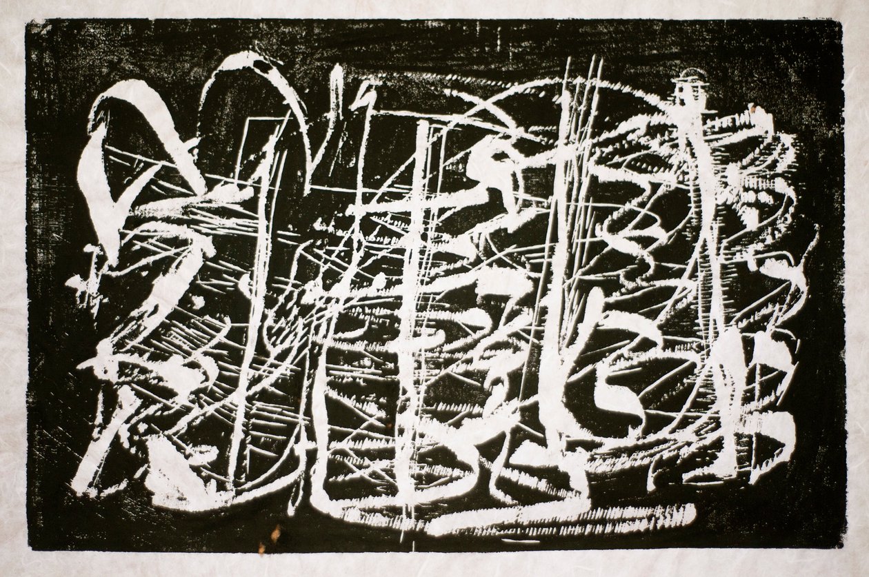 Muzyka czasu, 2014 (drzewo piłą łańcuchową na papierze ryżowym) autorstwa Janet McKenzie
