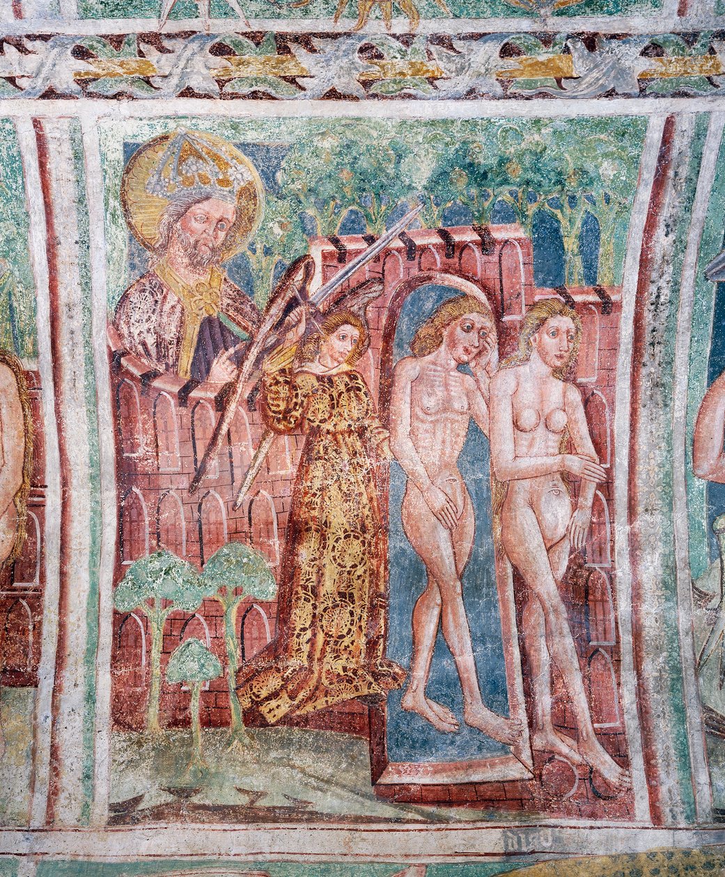 Kościół obronny Hrastovlje, Kościół Trójcy Świętej, Adam i Ewa wygnani z raju (1490), fragment fresków Janeza Iz Kastvy, Słowenia autorstwa Janez Kastav
