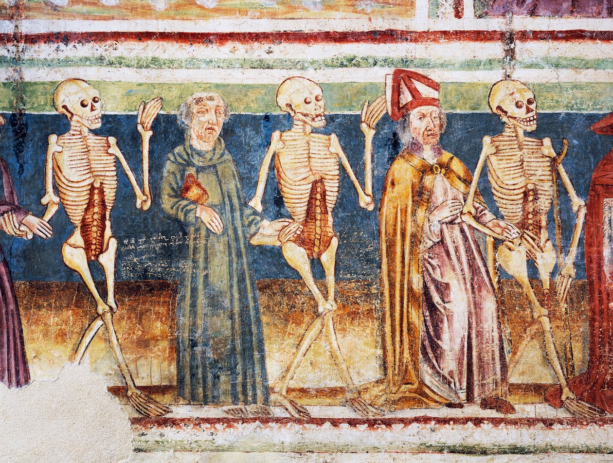 Kościół obronny Hrastovlje, Kościół Trójcy Świętej, Śmierć towarzysząca biskupowi i mnichowi, Taniec Śmierci (1490), fragment fresków Janeza Iz Kastvy, Słowenia autorstwa Janez Kastav
