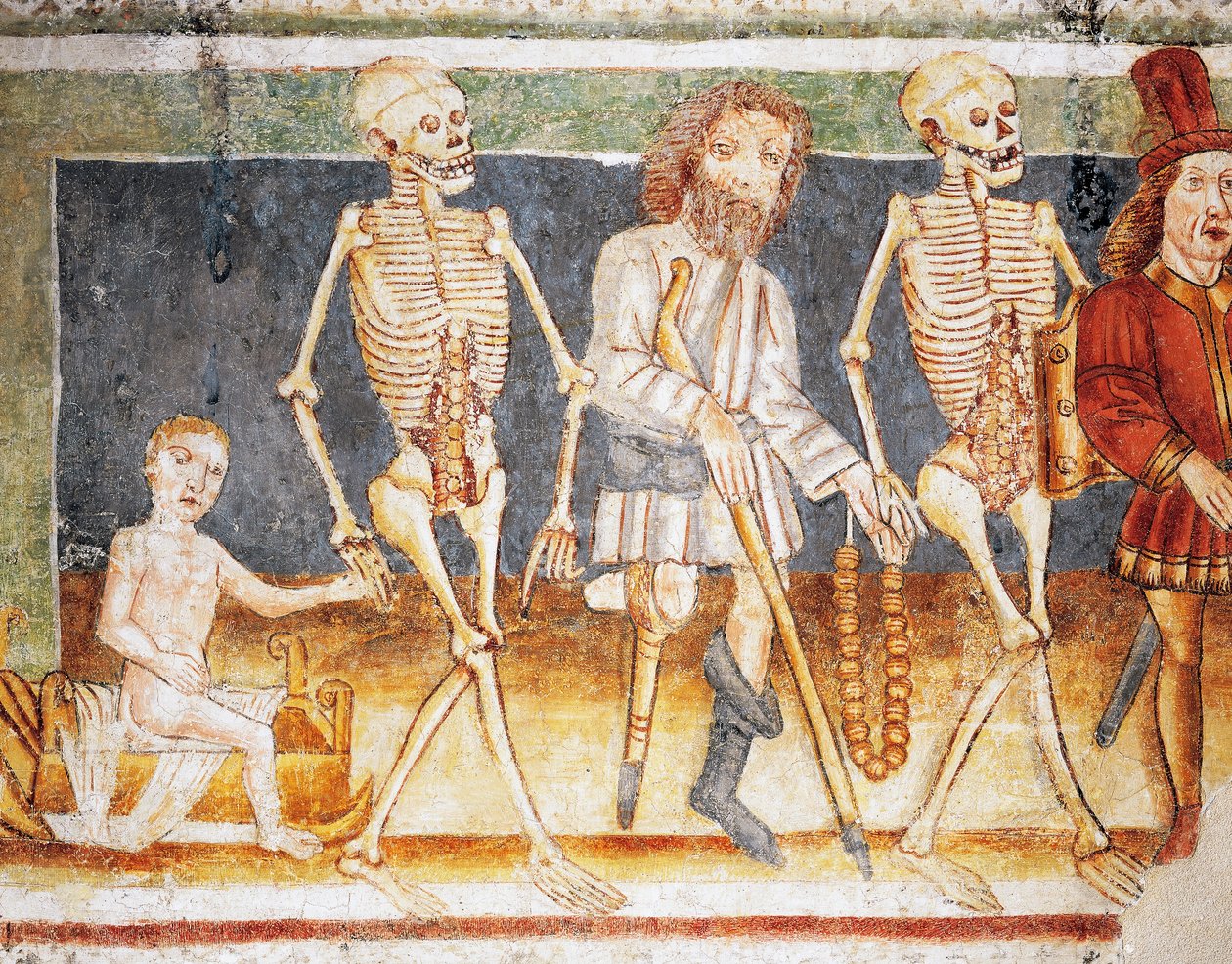 Kościół obronny w Hrastovlje, Kościół Trójcy Świętej, Śmierć towarzysząca dziecku i biednym, Taniec śmierci (1490), fragment fresków Janeza Iz Kastvy (1490), Słowenia autorstwa Janez Kastav