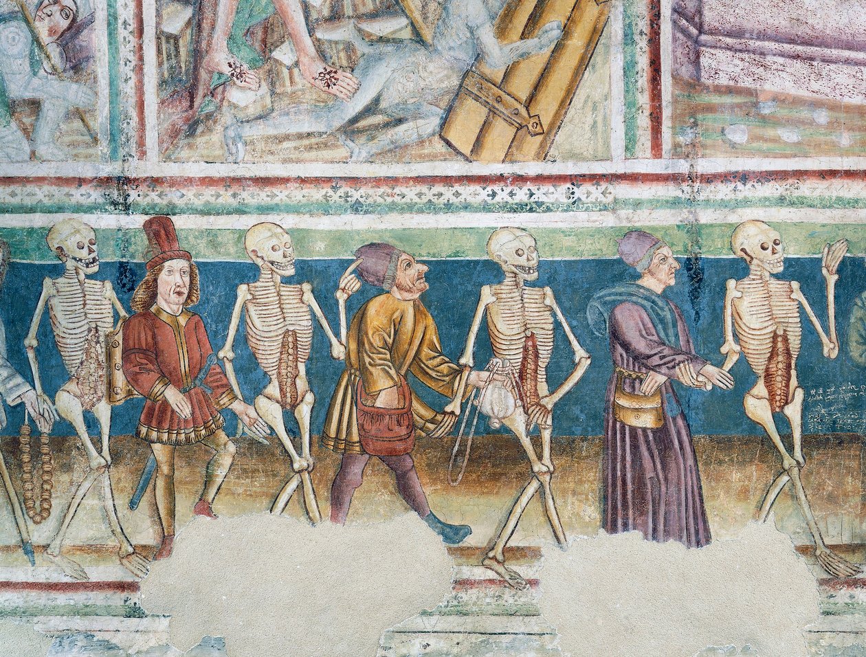 Kościół obronny w Hrastovlje, Kościół Trójcy Świętej, Śmierć towarzysząca kupcowi i bogatemu bankierowi, Taniec Śmierci (1490), fragment fresków Janeza Iz Kastvy, Słowenia autorstwa Janez Kastav