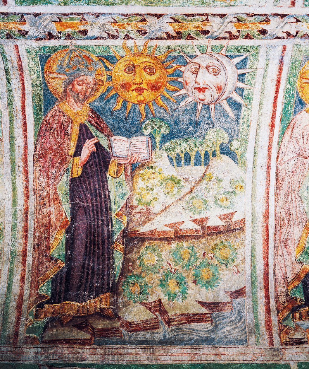 Kościół obronny Hrastovlje, Kościół Trójcy Świętej, Genesis, Bóg tworzy słońce, księżyc i gwiazdy (1490), fragment fresków Janeza Iz Kastvy, Słowenia autorstwa Janez Kastav