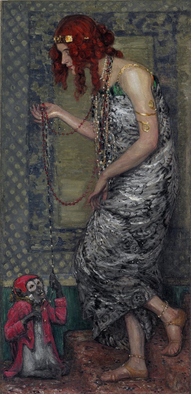 ""La princesse et le singe"" (Księżniczka i małpa) Peinture de Janis Rozentals (1866-1916) - 1913 - Olej na płótnie Wymiary 147,5x71 cm Państwowe Muzeum Sztuki Republiki Łotwy, Ryga autorstwa Janis Rozentals
