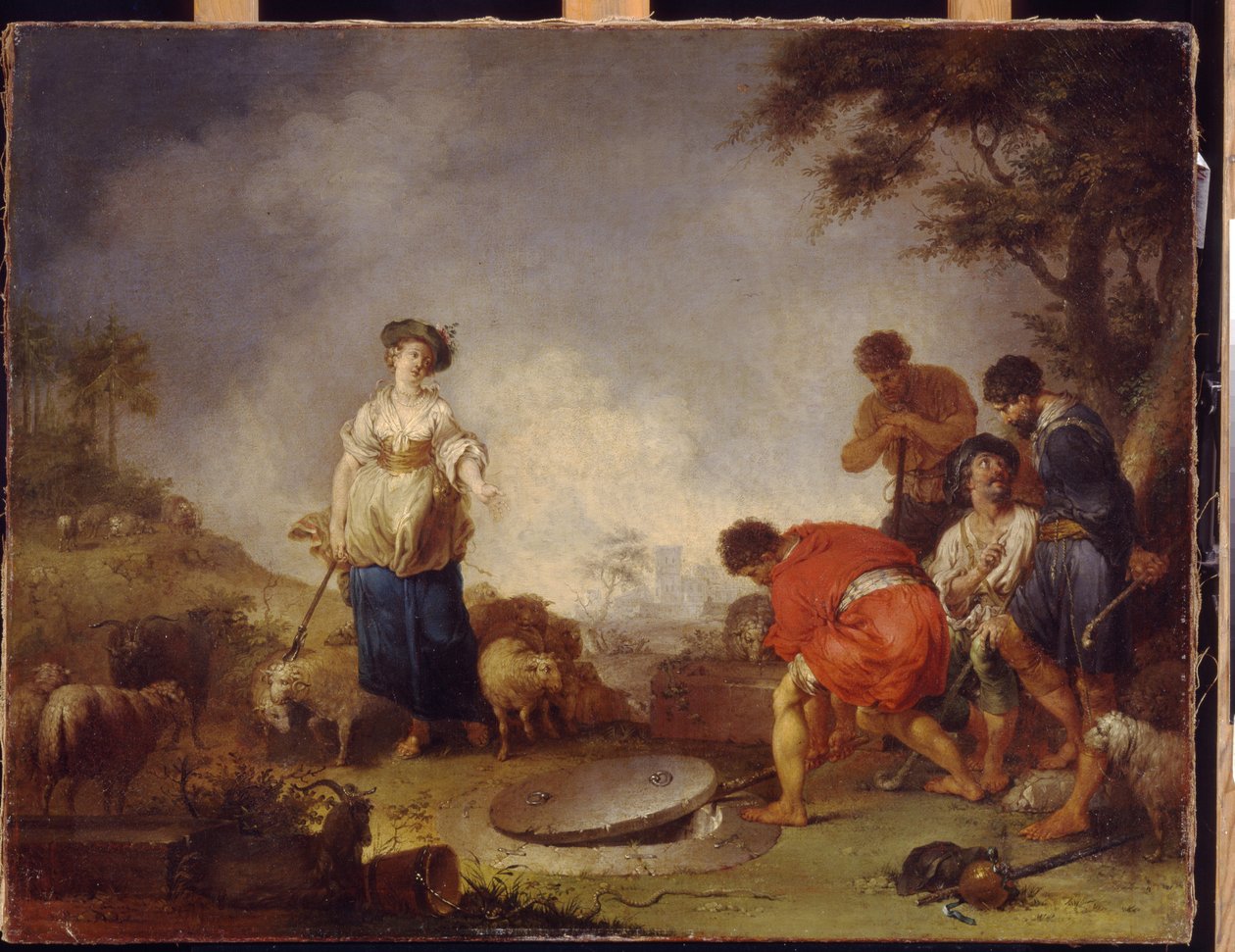 Jacob spotyka Rachelę przy studni. Obraz Johann Rosso Jauarius Zick (1730-1797), olej na płótnie autorstwa Januarius Zick