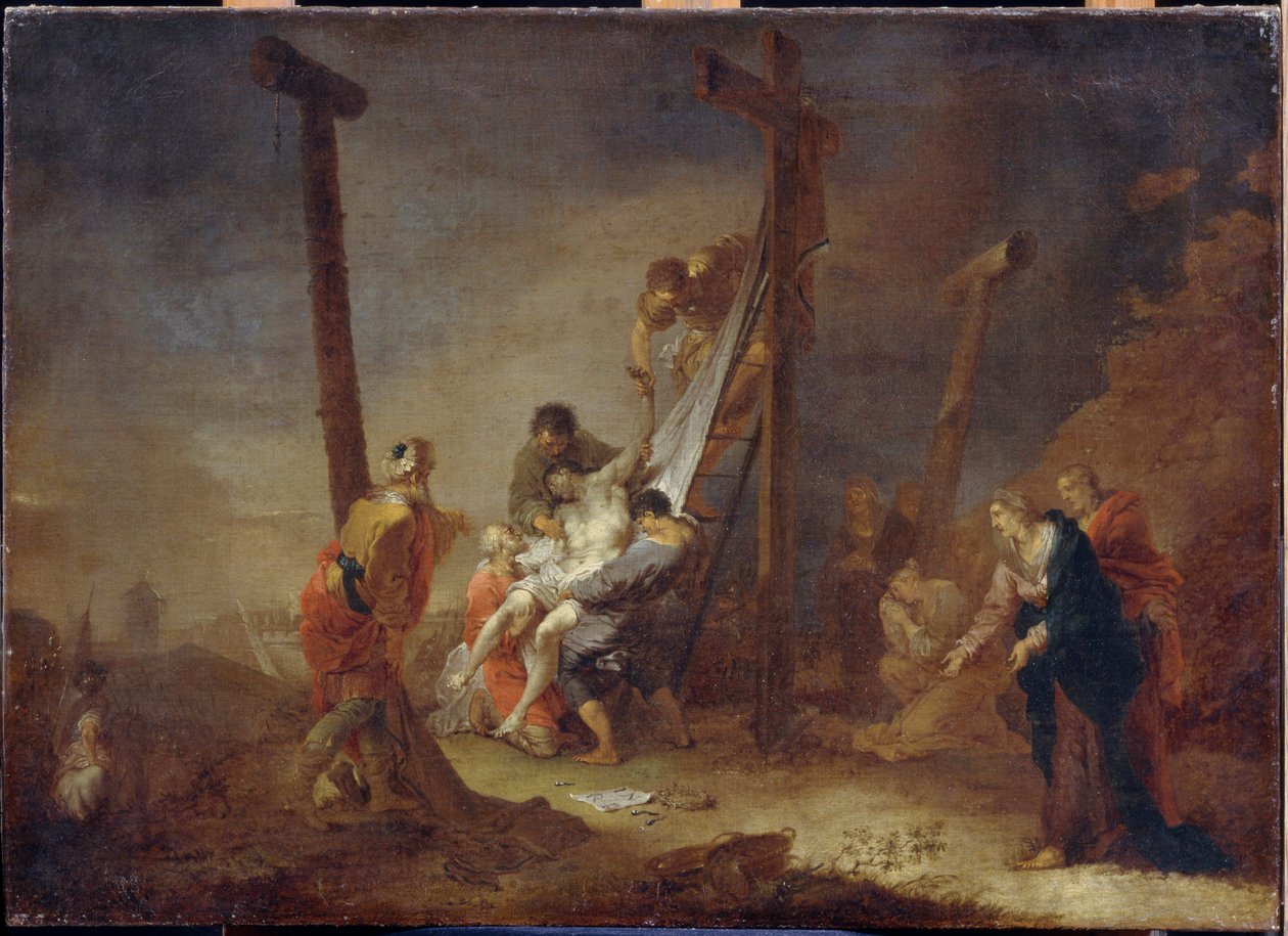 Zdjęcie z krzyża. U dołu krzyża symbole męki Jezusa Chrystusa: gwoździe, korona cierniowa oraz napis INRI (I.N.R.I). Obraz Johann Rosso Januarius Zick (1730-1797), olej na płótnie. sztuka niemiecka autorstwa Januarius Zick
