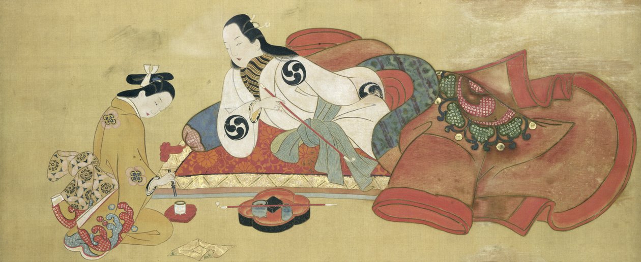 Mężczyzna palący i jego sługa (malowany jedwab) autorstwa Japanese School
