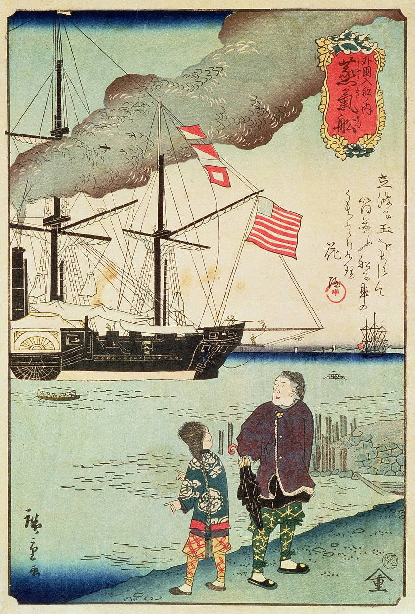 Amerykański okręt wojenny w porcie japońskim, 1861 (kolorowy drzeworyt) autorstwa Japanese School