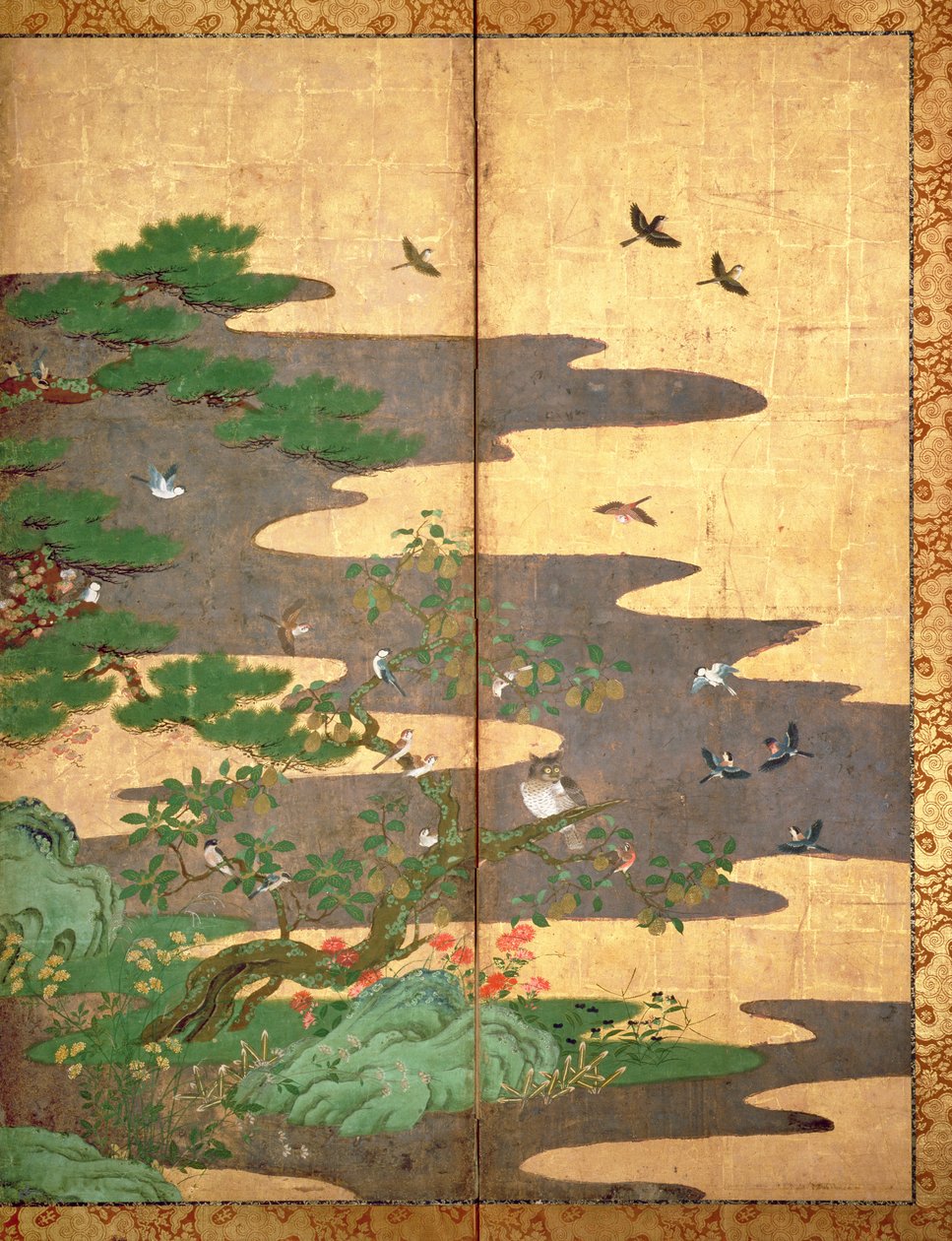 Ptaki z jesiennymi i zimowymi kwiatami (pióro i tusz, kolor i złoty papier na panelu) (patrz 216542, 216543, 216544) autorstwa Japanese School