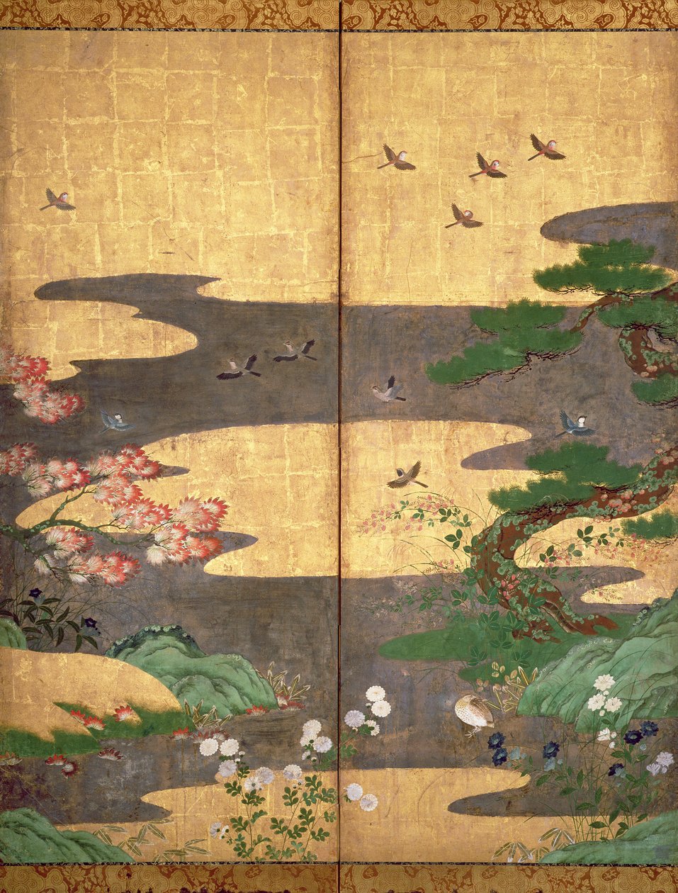 Ptaki z jesiennymi i zimowymi kwiatami (pióro i tusz, kolor i złoty papier na panelu) (patrz 216542, 216543, 216545) autorstwa Japanese School