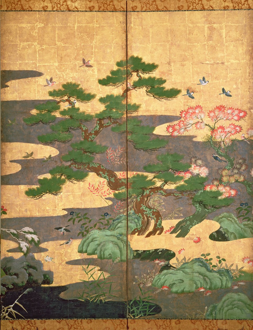 Ptaki z jesiennymi i zimowymi kwiatami (pióro i atrament, kolor i złoty papier na panelu) (patrz 216542, 216544, 216545) autorstwa Japanese School