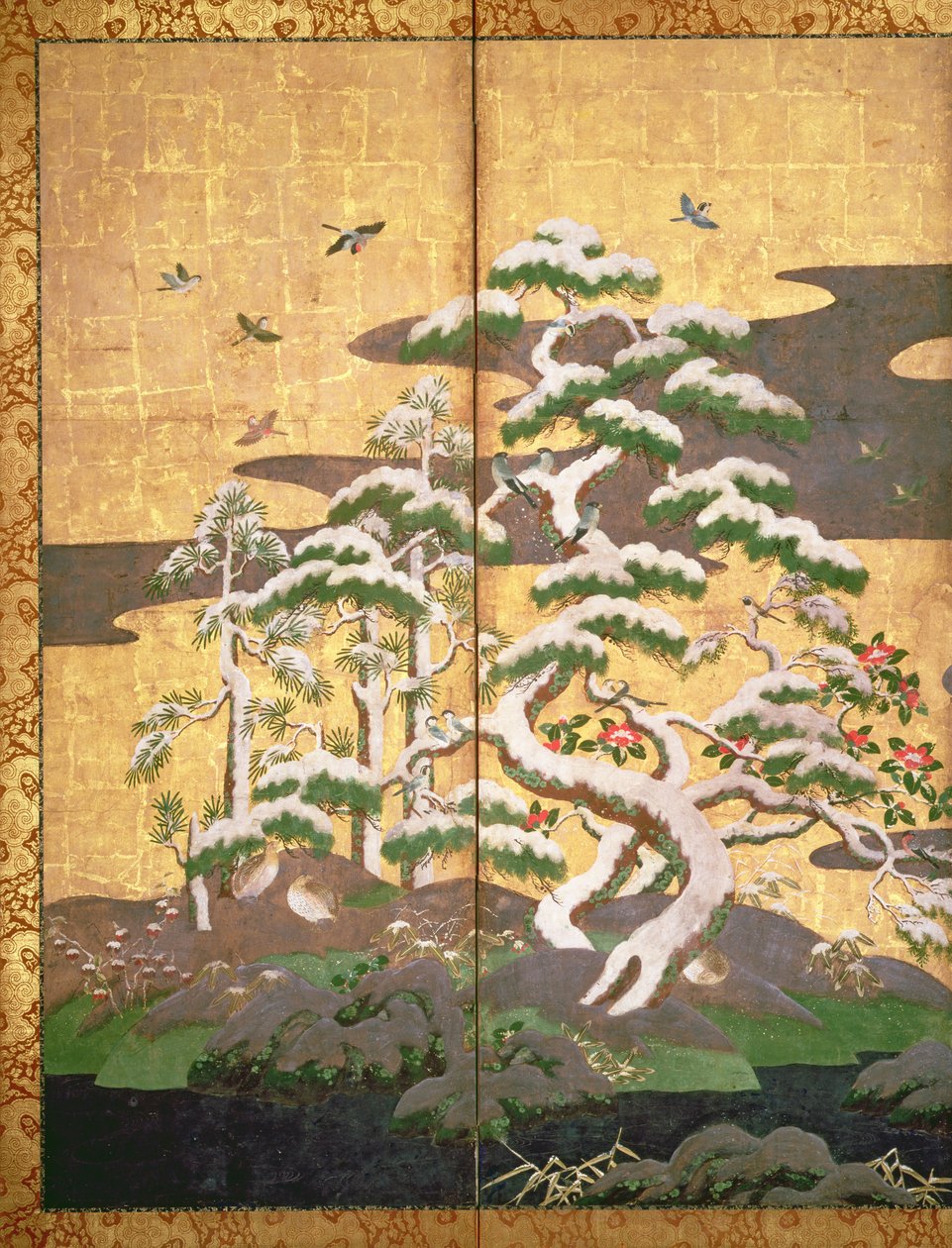 Ptaki z jesiennymi i zimowymi kwiatami (pióro i tusz, kolor i złoty papier na panelu) (patrz 216543, 216544, 216545) autorstwa Japanese School