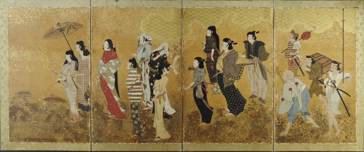 Piknik z widokiem kwitnącej wiśni, ok. 1624-44 (czterokrotnie składany ekran, atrament, kolor i złoty płatek na papierze) autorstwa Japanese School
