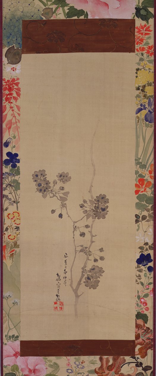 Kwiaty wiśni z malowaną oprawą, 1855 (tusz i kolory na jedwabiu) autorstwa Japanese School