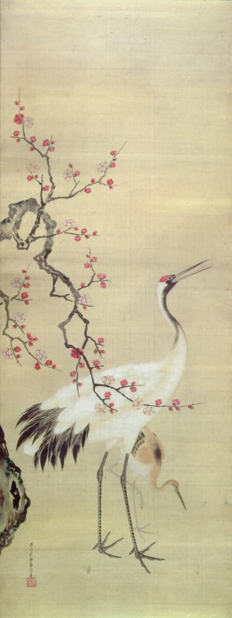 Żuraw i kwiat, ok. 1850-80 (atrament i kolor na jedwabiu) autorstwa Japanese School