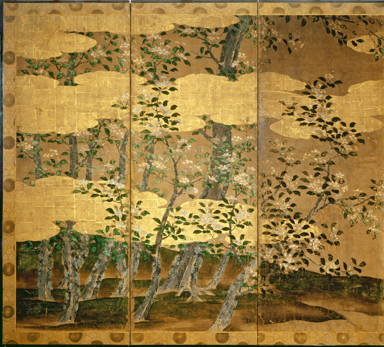 Kwiaty kamelii (pióro i atrament, kolor, złoty papier na desce) (patrz 216566) autorstwa Japanese School