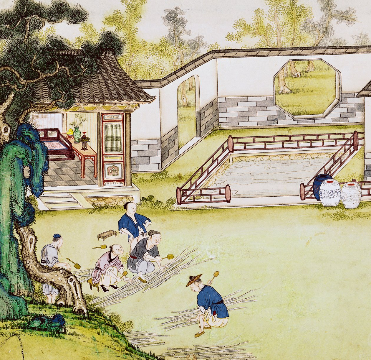 Zbieranie bambusa do robienia papieru autorstwa Japanese School