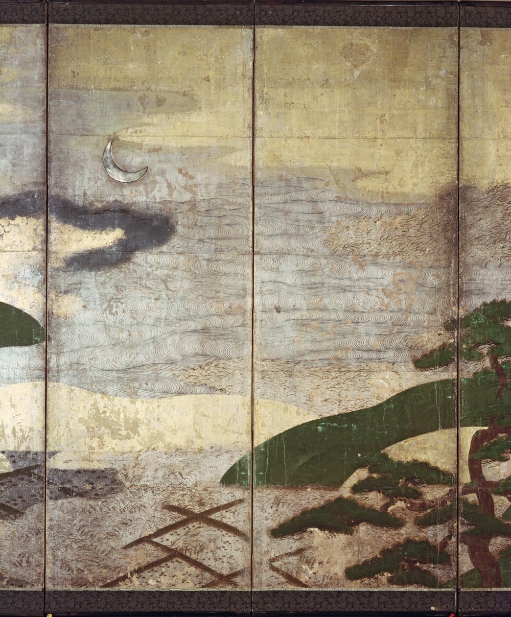 Moonlight Landscape (pióro i atrament, kolor, złoty papier na panelu) (patrz 216573, 216575) autorstwa Japanese School