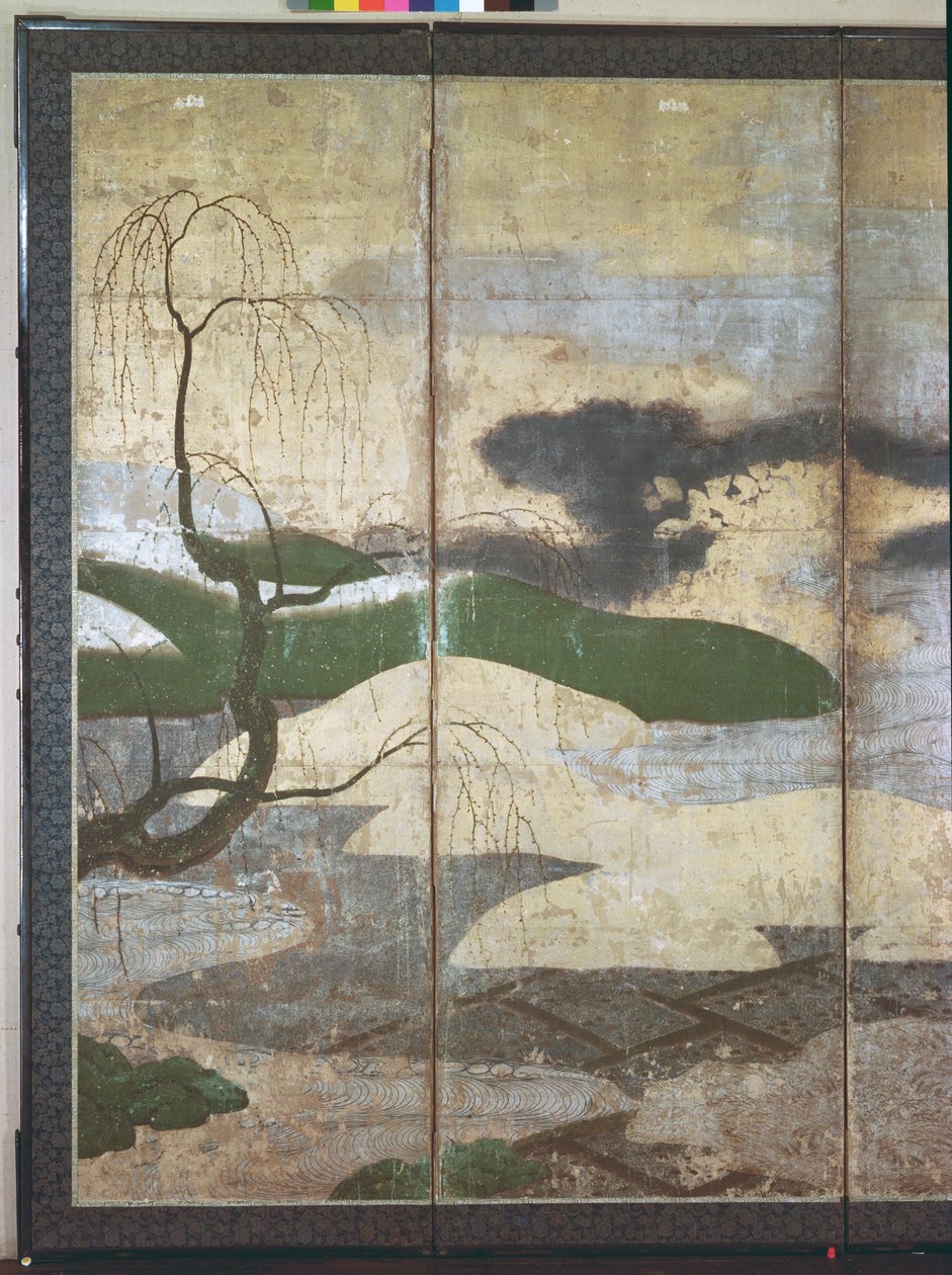 Moonlight Landscape (pióro i atrament, kolor, złoty papier na panelu) (patrz 216574, 216575) autorstwa Japanese School