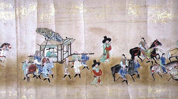 Szósta Ambasada Korei w Japonii w Meireki 1 w czasie sukcesji Tokugawy Ietsunas w 1651, prawdopodobnie przez Kano Masunobu (1625-94) (malowanie przewijane) (szczegół) (patrz także 120834) autorstwa Japanese School