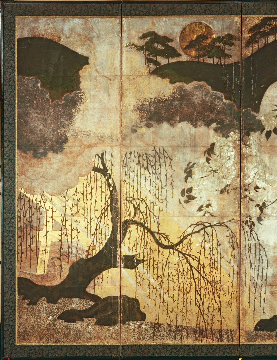 Sunny Landscape (pióro i atrament, kolor, złoty papier na panelu) (patrz 216577, 216578) autorstwa Japanese School