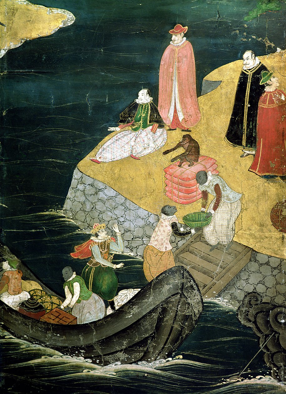 Przybycie Portugalczyków do Japonii, szczegół załadunku ładunku z ekranu Namban Byobu, 1594-1618 autorstwa Japanese School