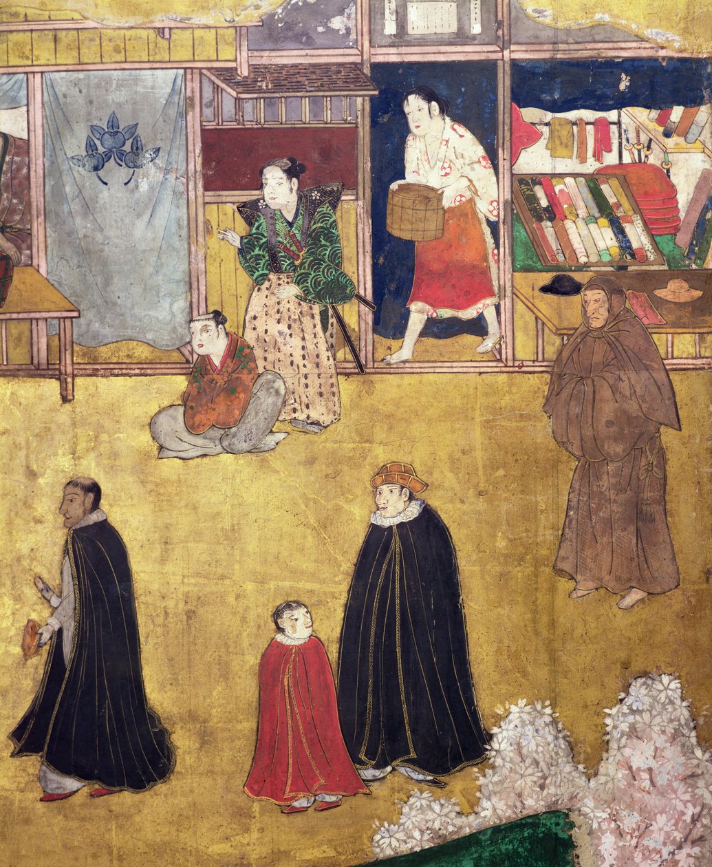Przybycie Portugalczyków do Japonii, fragment sklepów z ekranu Namban Byobu, 1594-1618 autorstwa Japanese School