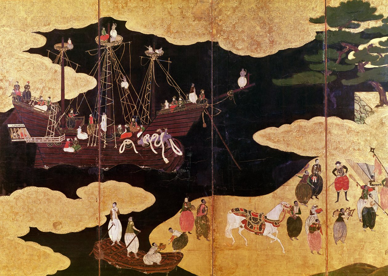 Przybycie Portugalczyków do Japonii, fragment lewej części składanego parawanu, Szkoła Kano (lakier) autorstwa Japanese School