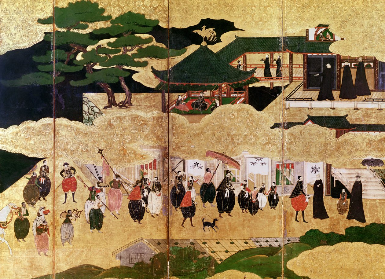 Przybycie Portugalczyków do Japonii, fragment prawej części składanego parawanu, Szkoła Kano (lakier) autorstwa Japanese School