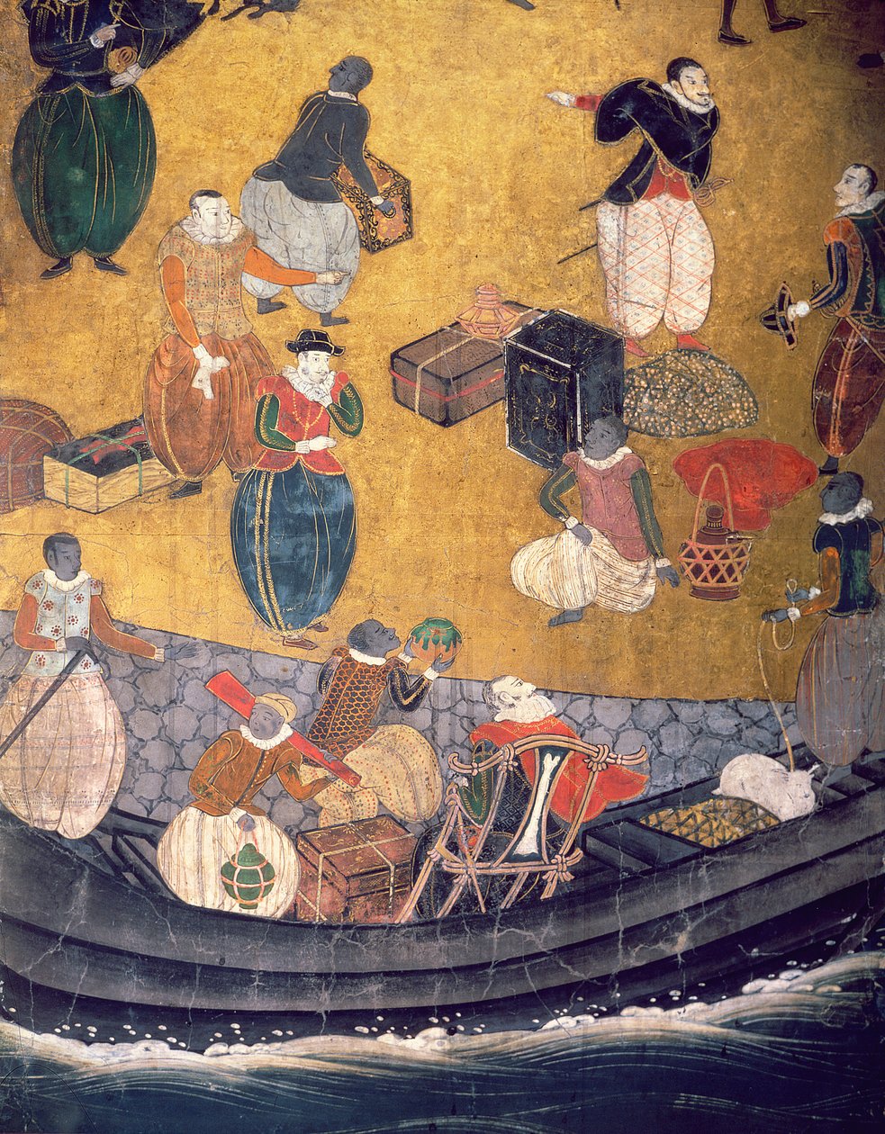 Przybycie Portugalczyków do Japonii, szczegół rozładunku towaru, z ekranu Namban Byobu, 1594-1618 autorstwa Japanese School