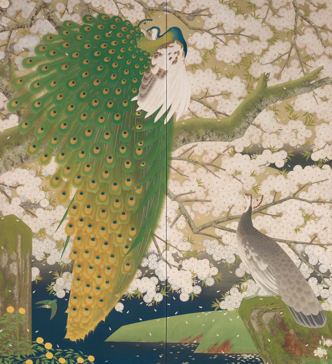 Pawie i wiśnia, ok. 1925 (metal i kolor na papierze) autorstwa Japanese School