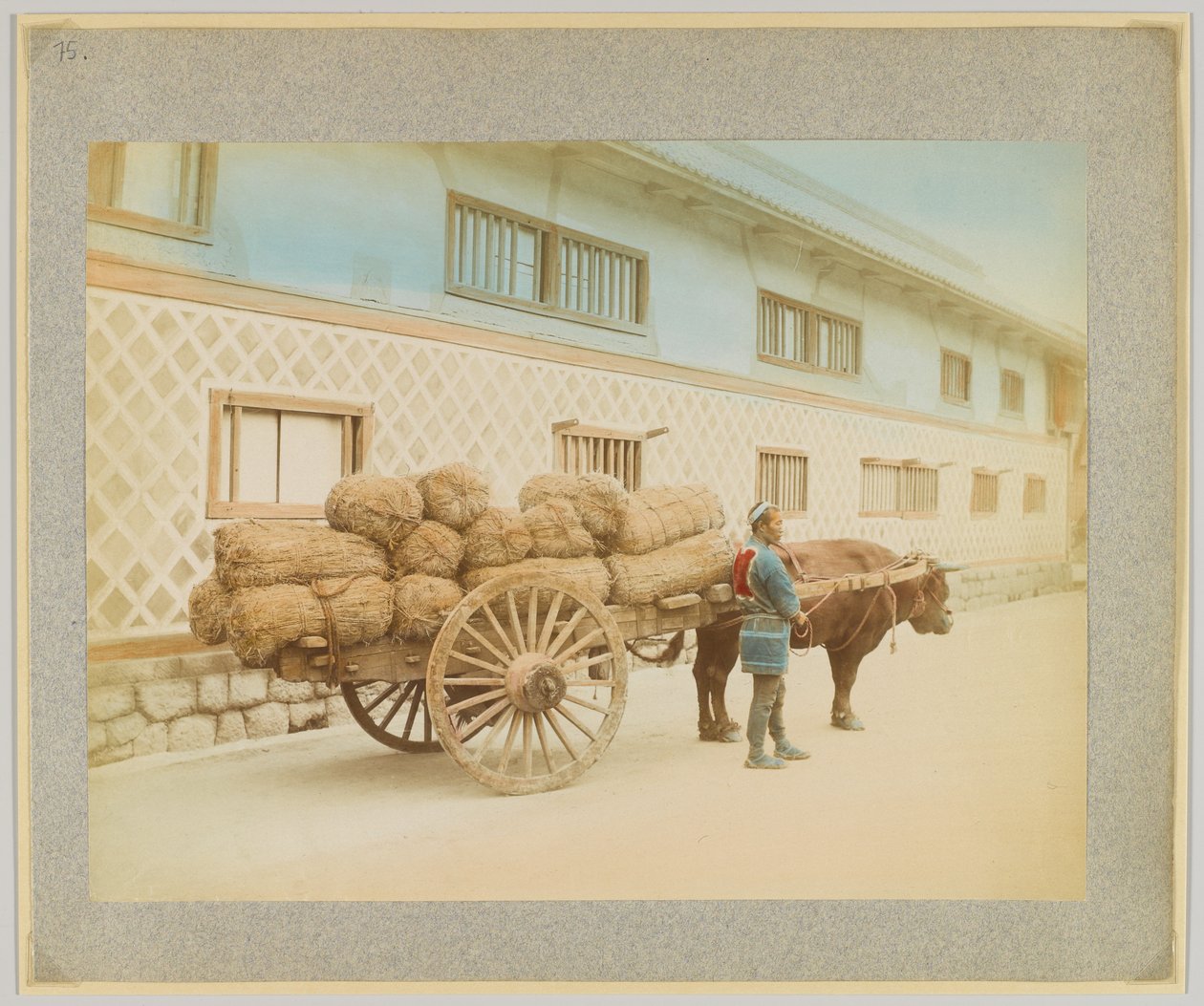 Mężczyzna z wołem i wozem, Japonia (ręcznie kolorowane czarno-białe zdjęcie) autorstwa Japanese Photographer