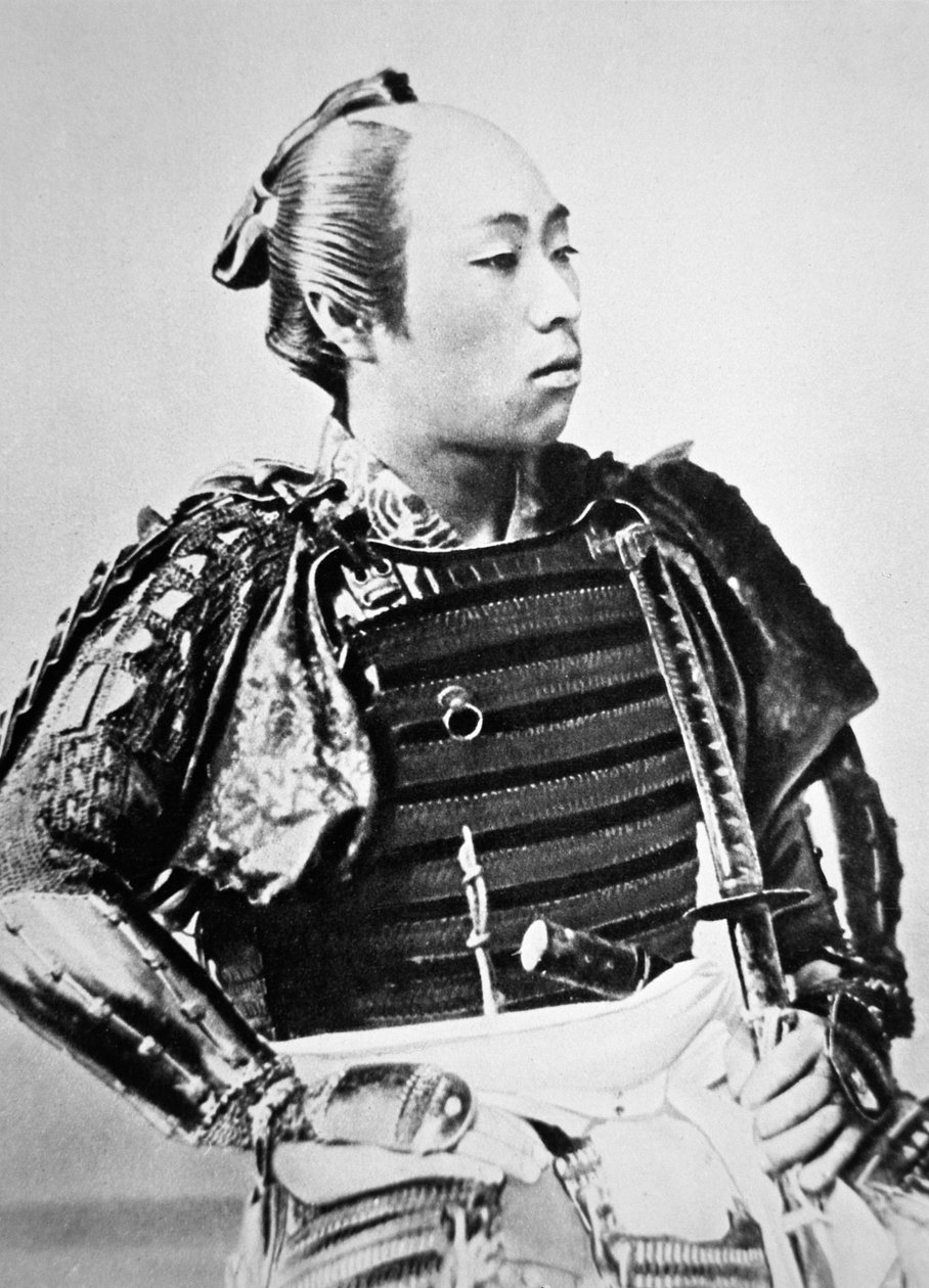 Samuraj Starej Japonii z tradycyjną fryzurą (zdjęcie czarno-białe) autorstwa Japanese Photographer