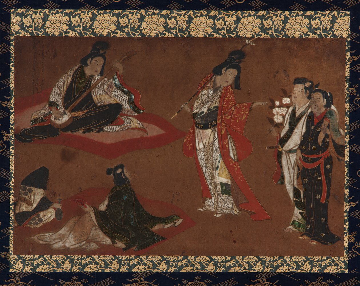 Piknik, Wiszący zwój (zamontowany na desce), początek XVII w. (kolor i złoto na papierze) autorstwa Japanese School
