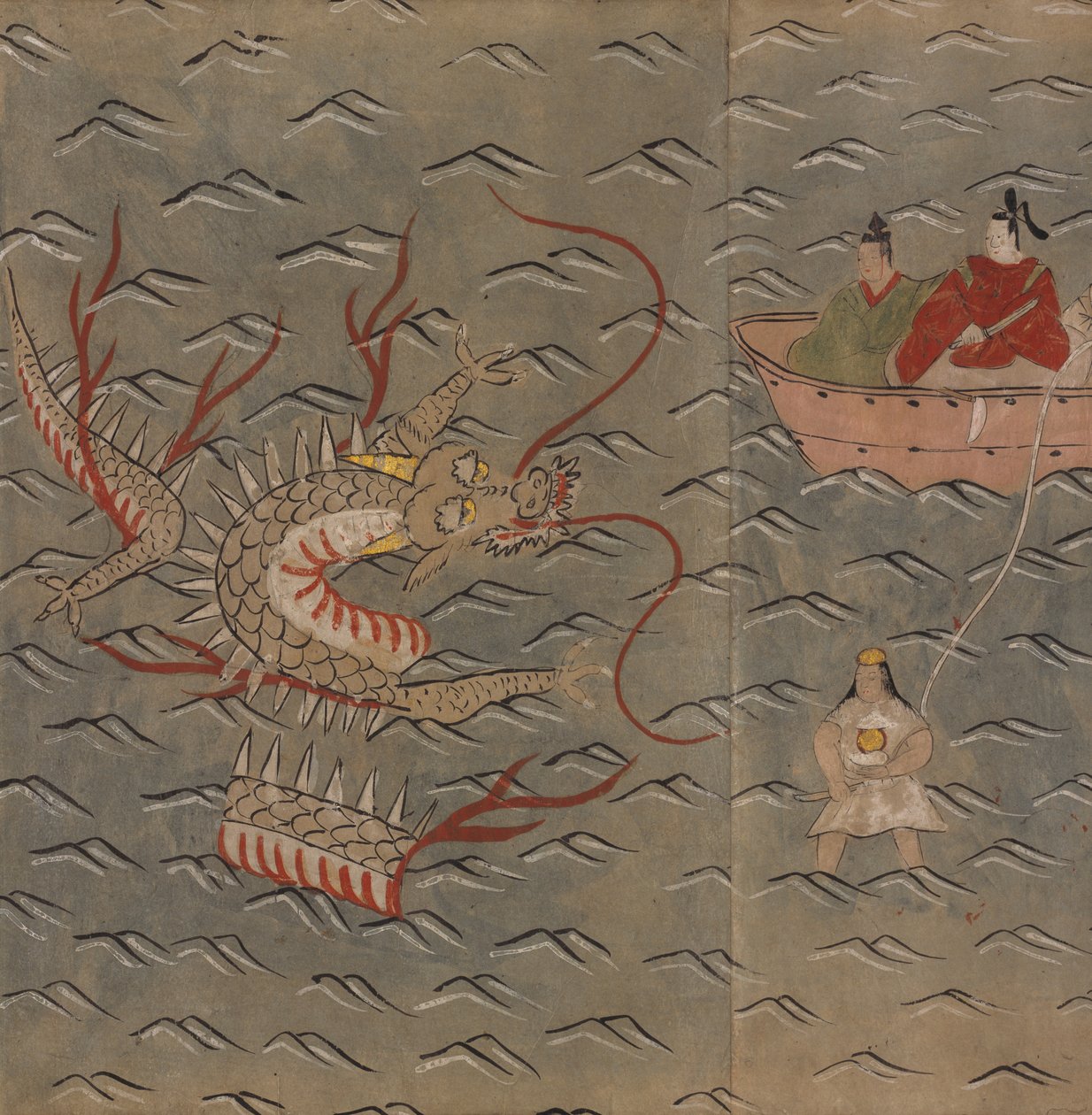 Nurek ze smokiem i kobietą, ilustracja z „Taishokkan” (tusz i kolor na papierze) autorstwa Japanese School