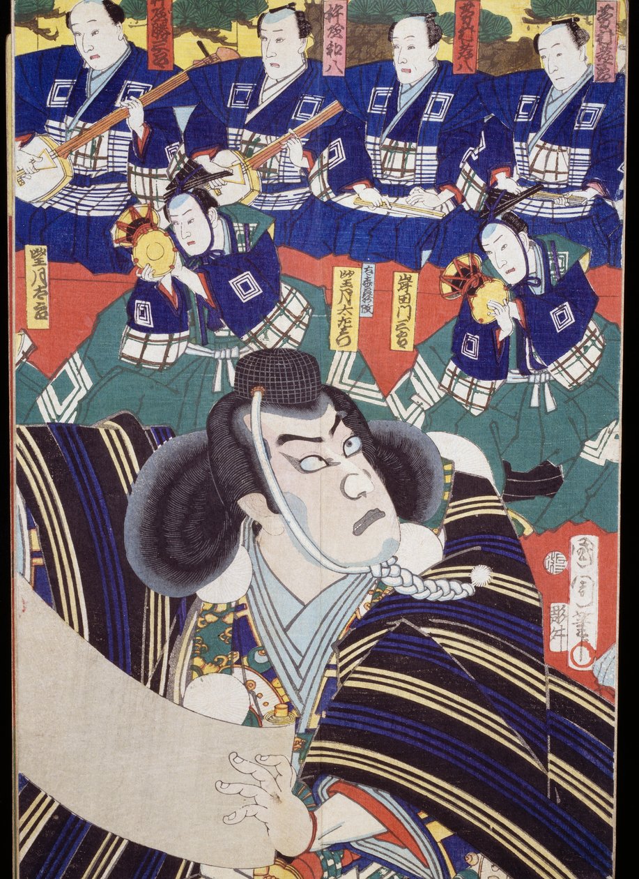 Aktorzy, narratorzy i gracze shamisen, scena teatralna Kabuki autorstwa Japanese School