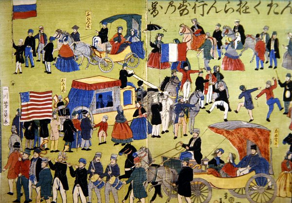 Amerykanie, Holendrzy i Francuzi przybywający do Jokohamy w Japonii, ok. 1860 (kolorowy drzeworyt) autorstwa Japanese School