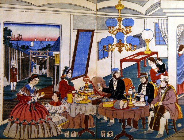 Rodzina amerykańska lub europejska w Japonii, ok. 1860 (kolorowy drzeworyt) autorstwa Japanese School