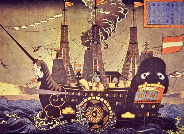 Amerykański parowiec z bocznymi wiosłami z 1853 roku namalowany przez zachwyconego japońskiego artystę autorstwa Japanese School