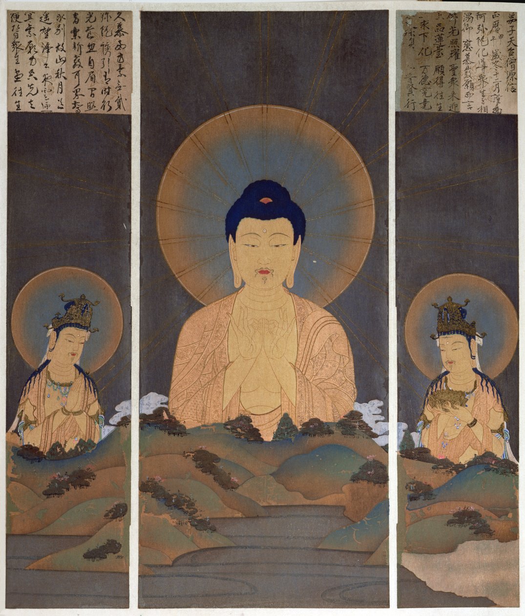 Objawienie buddyjskiej trójcy, Buddy Amitabhy i jego dwóch bodhisattwów, Kannon (Współczucie) i Seishi (Mądrość) na górze, ilustracja z magazynu "Kokka", styczeń 1909 (kolorowa litografia) autorstwa Japanese School
