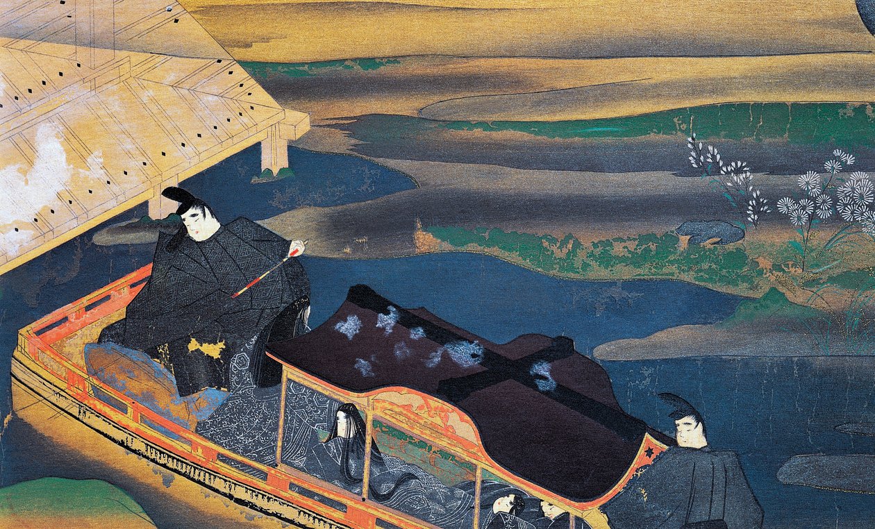Łódź w świetle księżyca, Fujiwara Nobuzane (1176-1265), ilustracja z Dziennika Murasaki Shikibu, cywilizacja japońska autorstwa Japanese School
