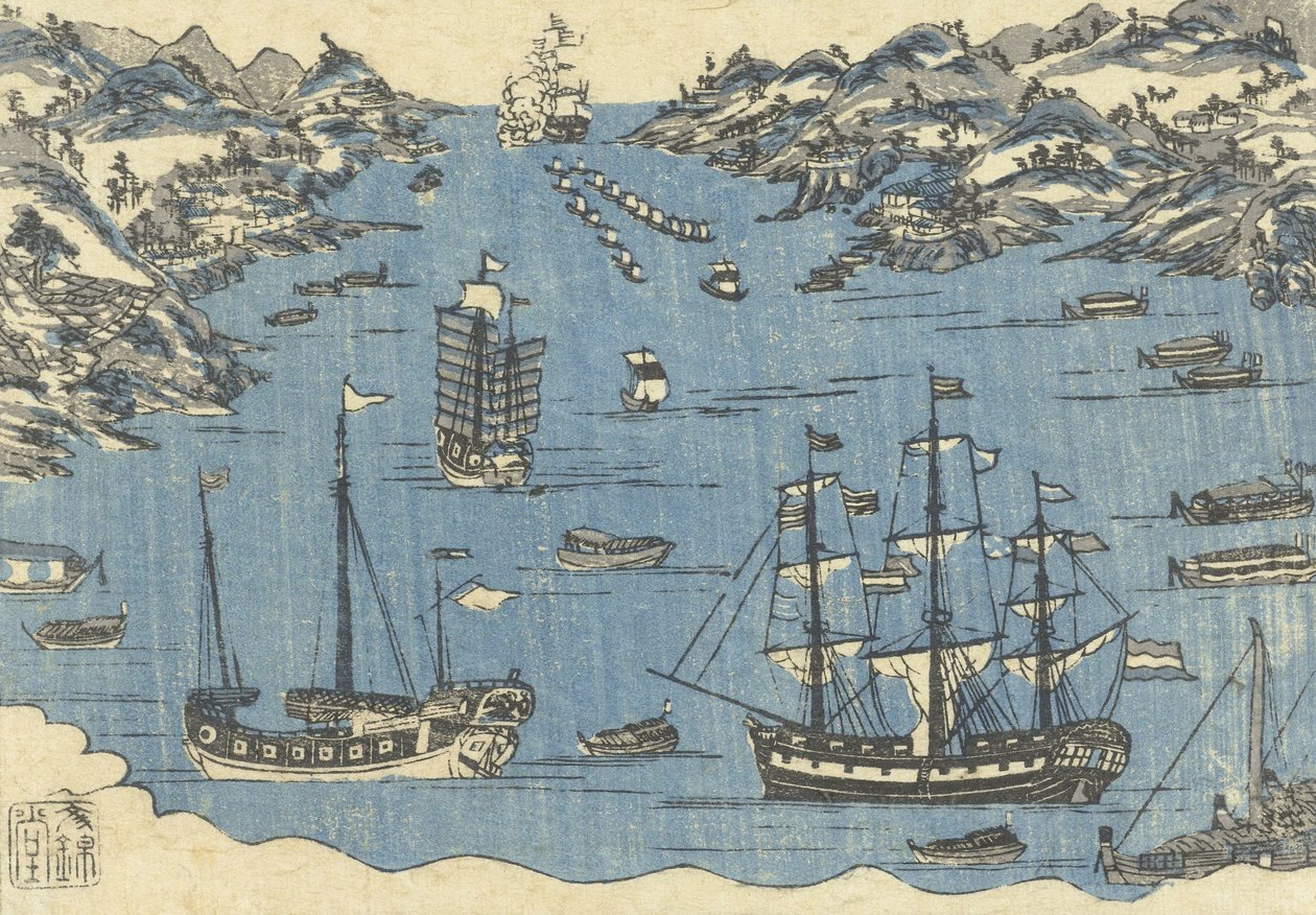 Grafika Bunkindo przedstawiająca obce statki w porcie Nagasaki, 1800-50 autorstwa Japanese School